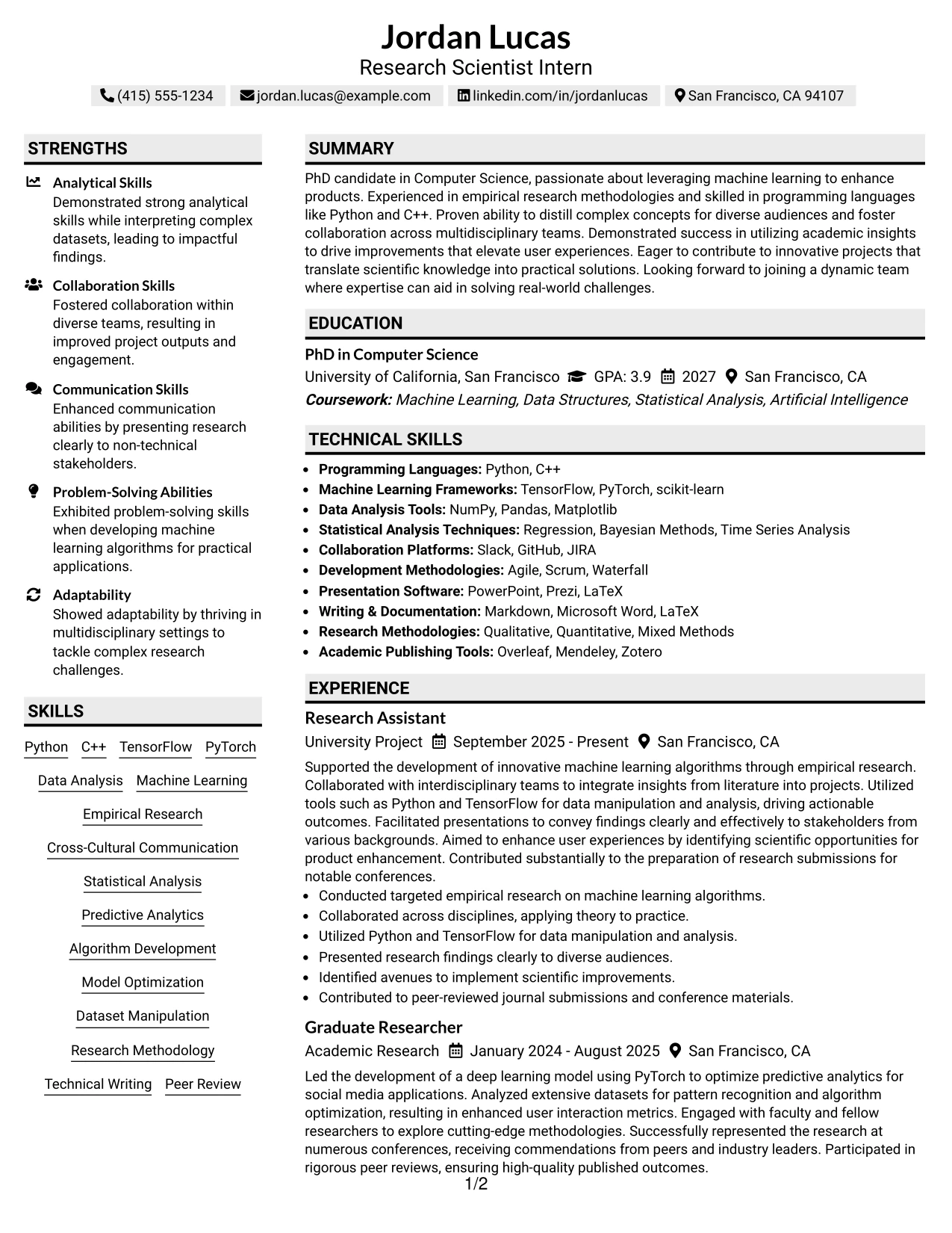 Resume Example Page 1