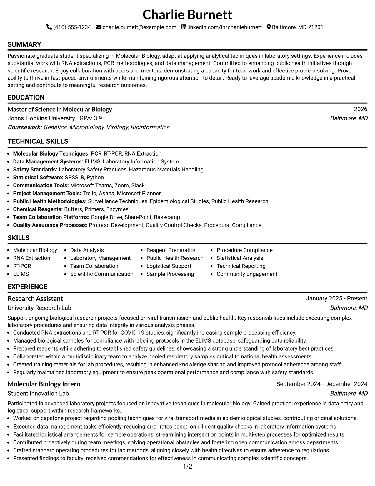 Resume Example Page 1