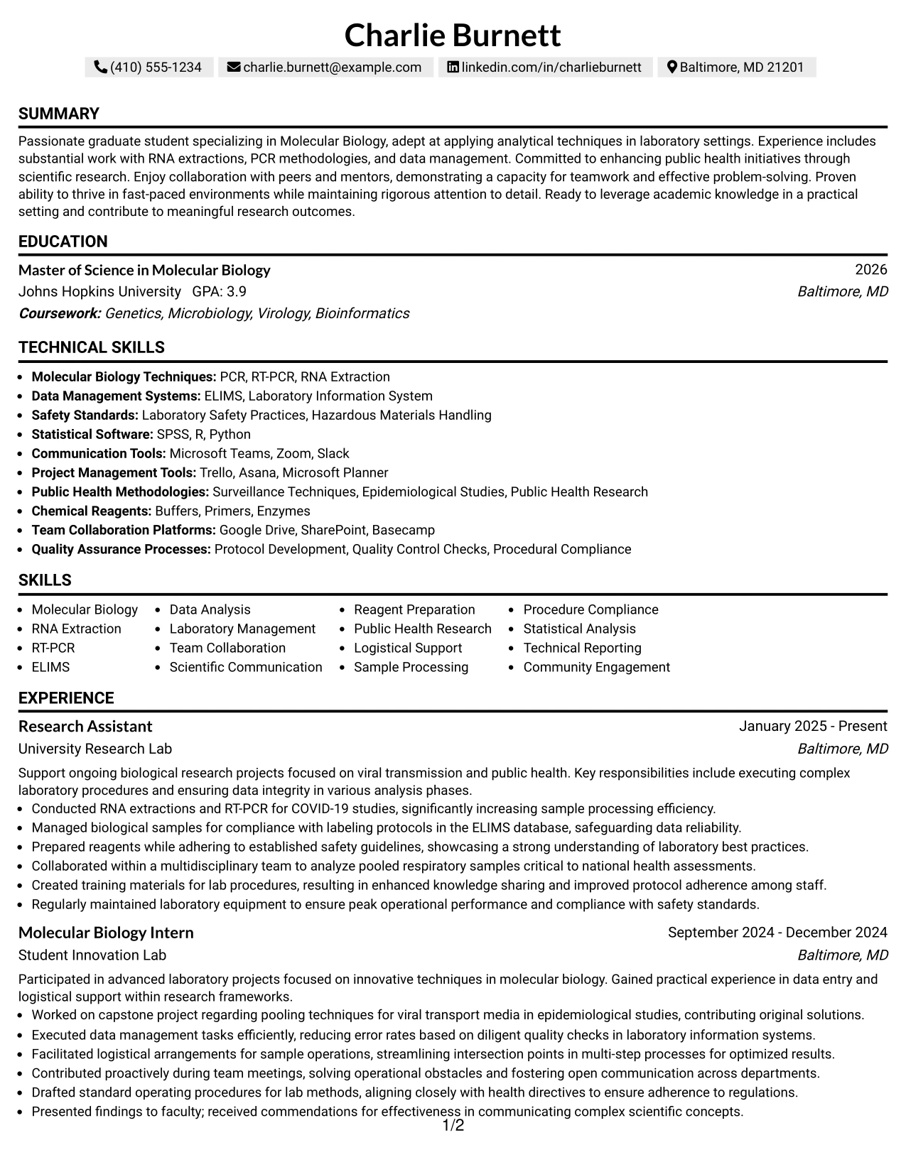 Resume Example Page 1