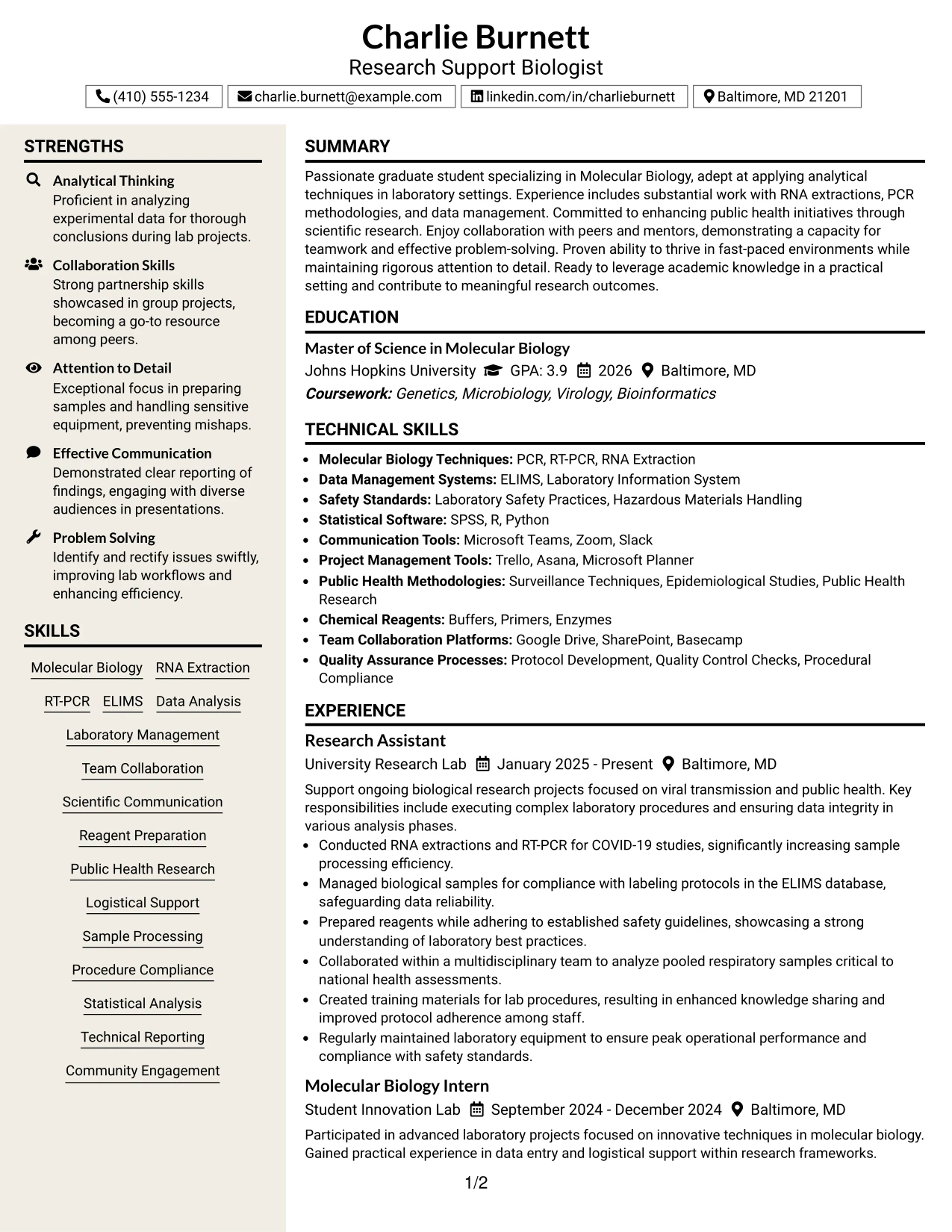 Resume Example Page 1