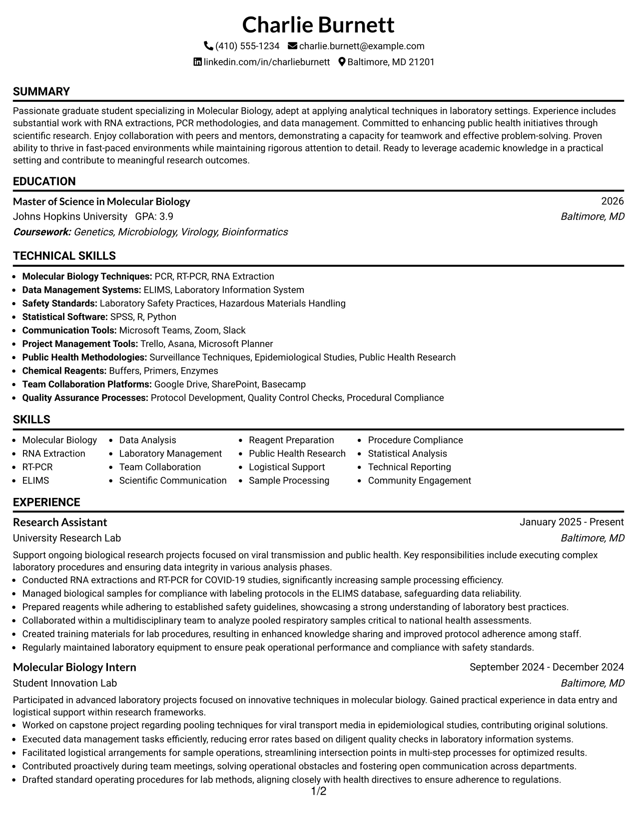 Resume Example Page 1