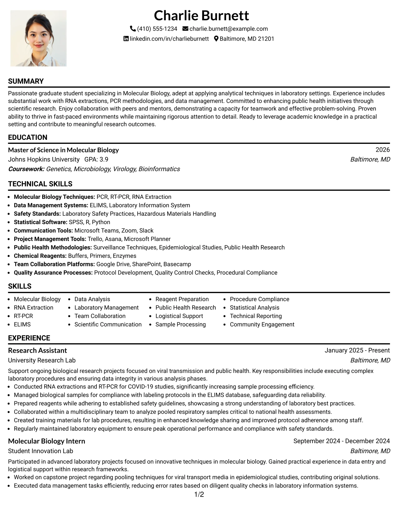 Resume Example Page 1