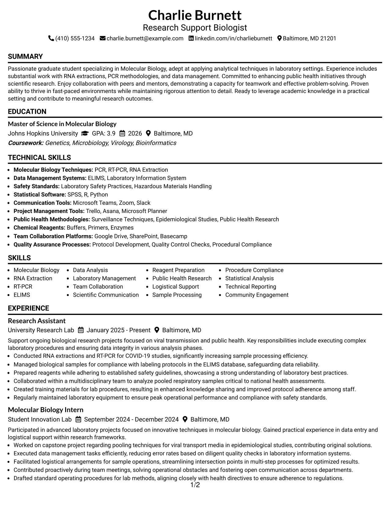 Resume Example Page 1