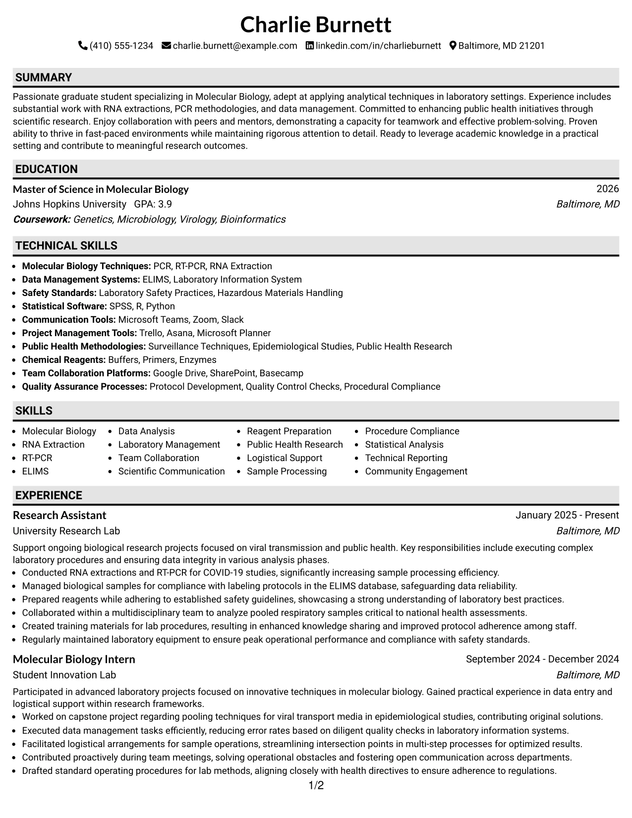 Resume Example Page 1