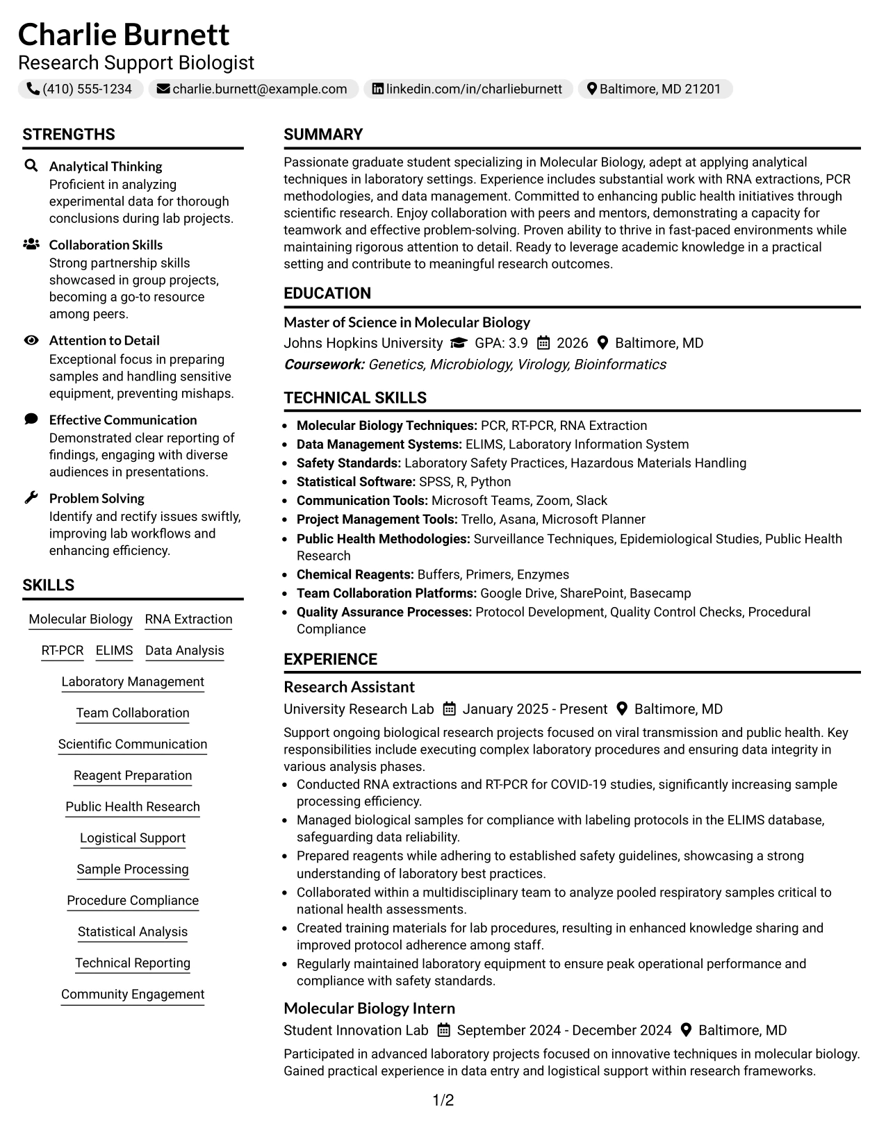 Resume Example Page 1