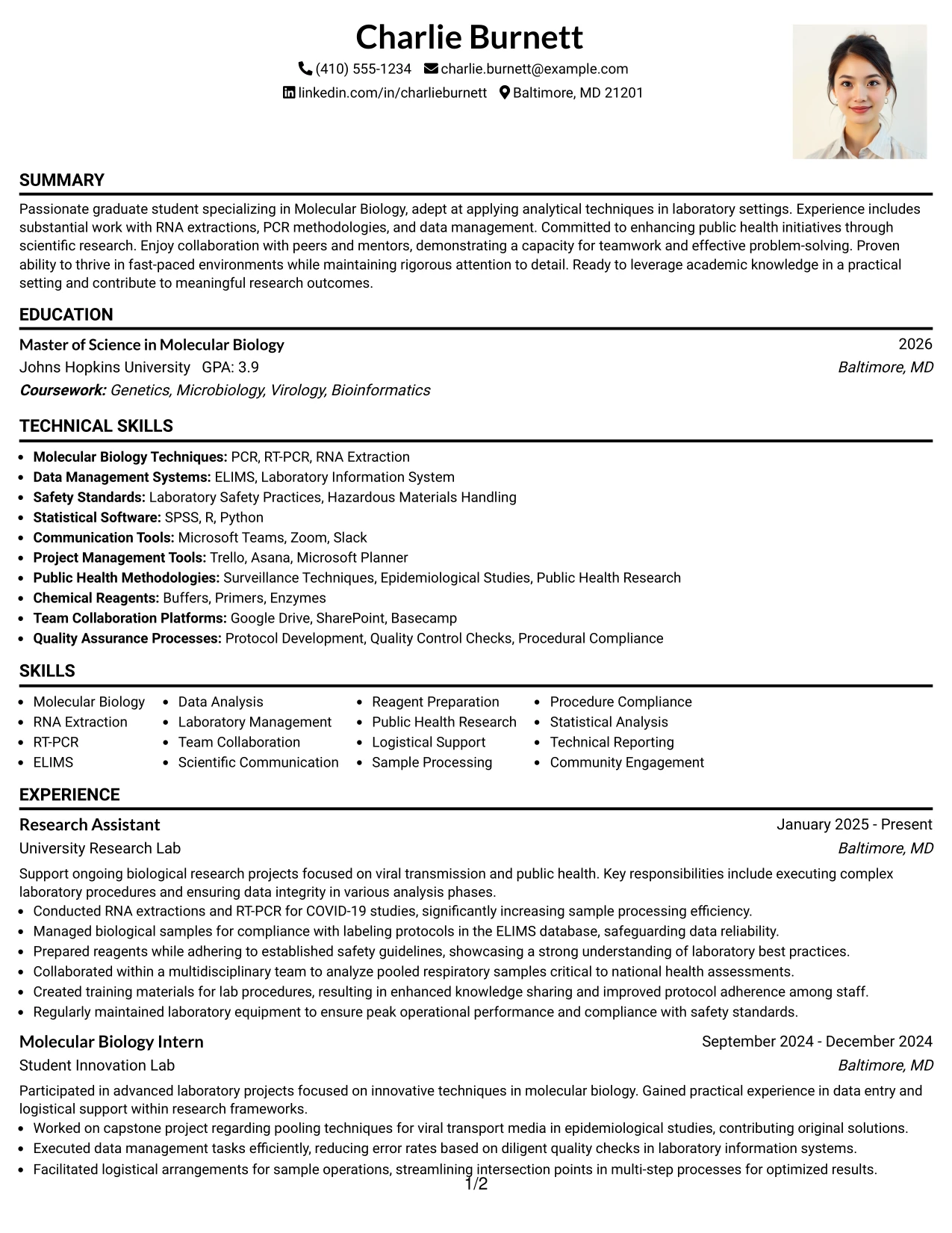 Resume Example Page 1