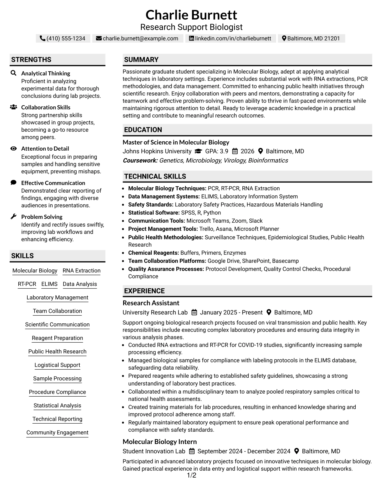 Resume Example Page 1
