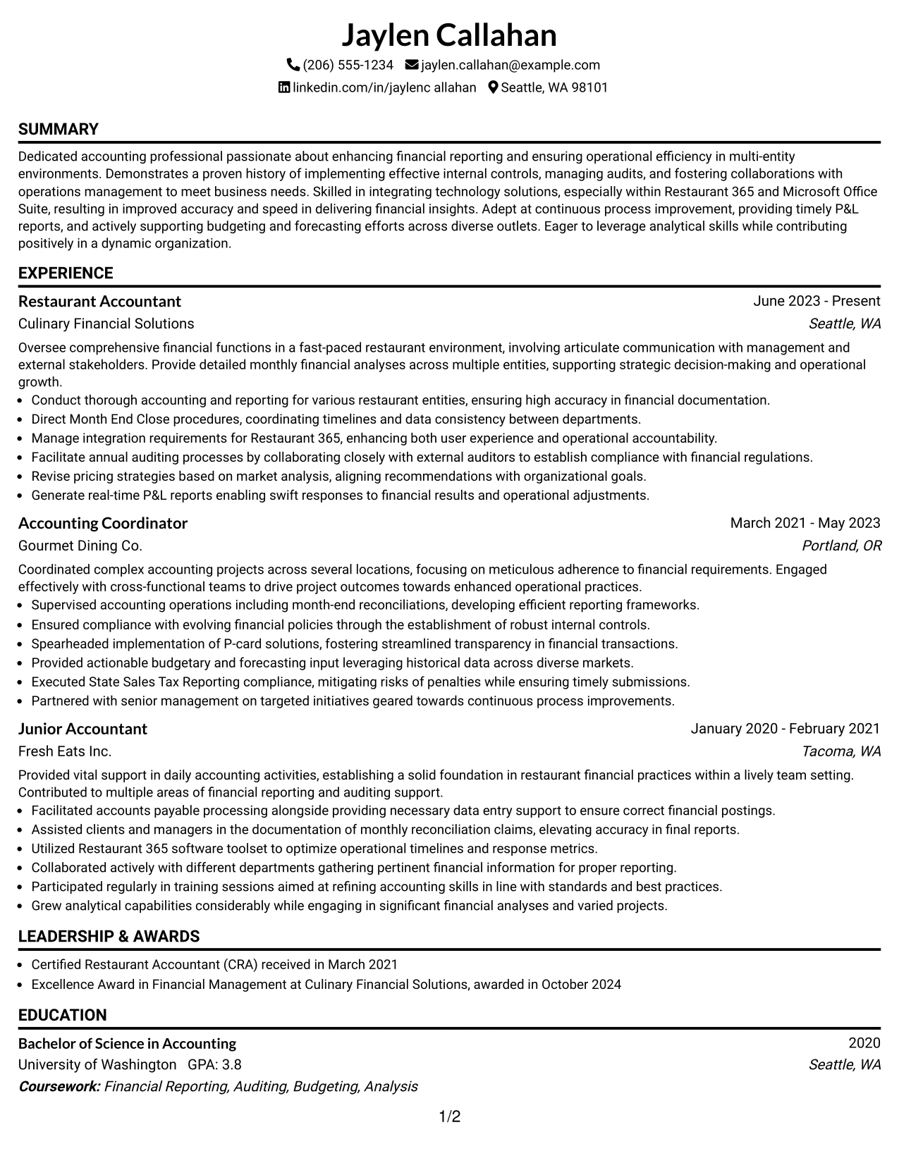 Resume Example Page 1