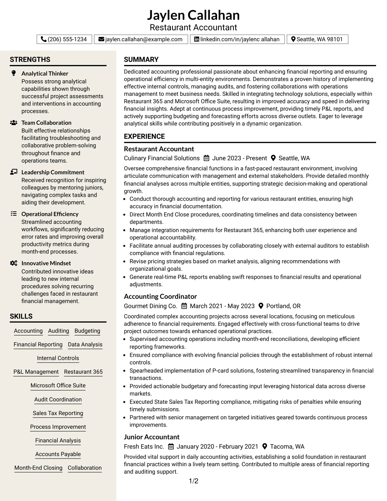 Resume Example Page 1