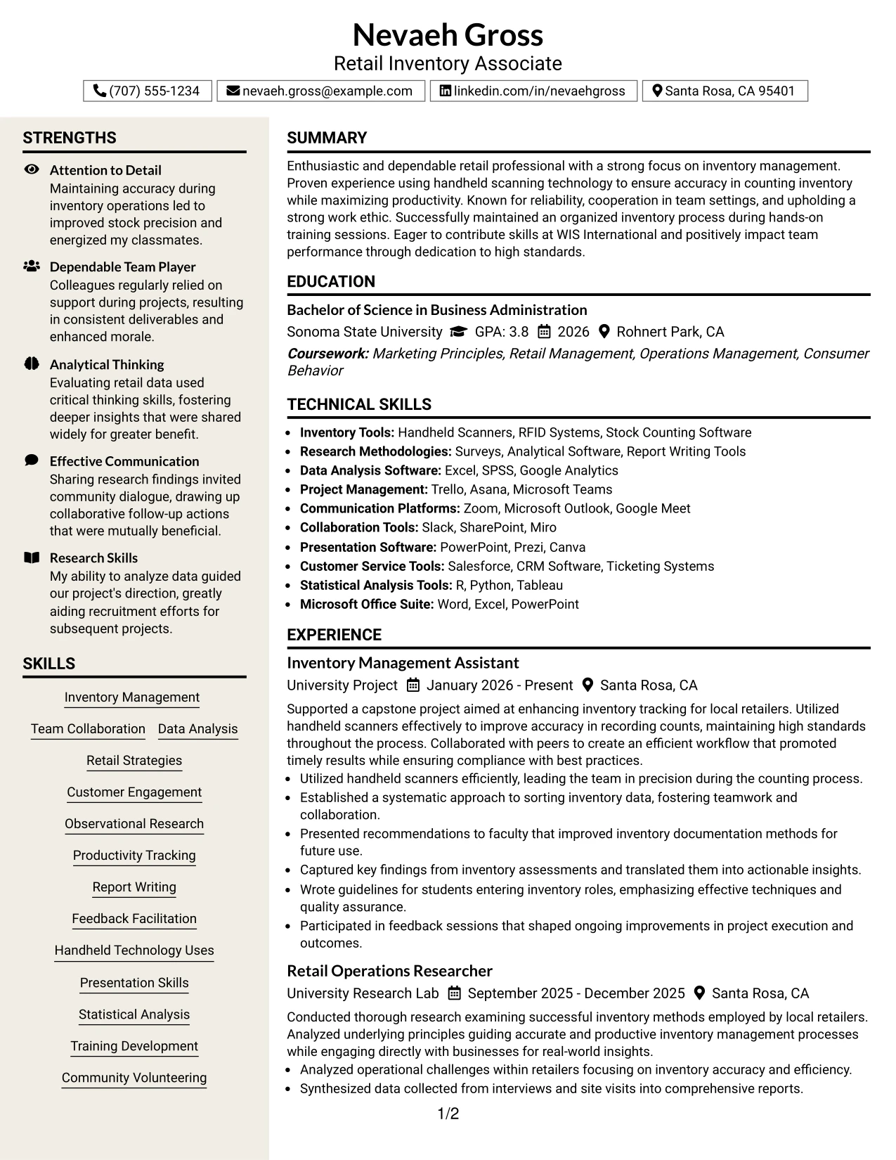 Resume Example Page 1