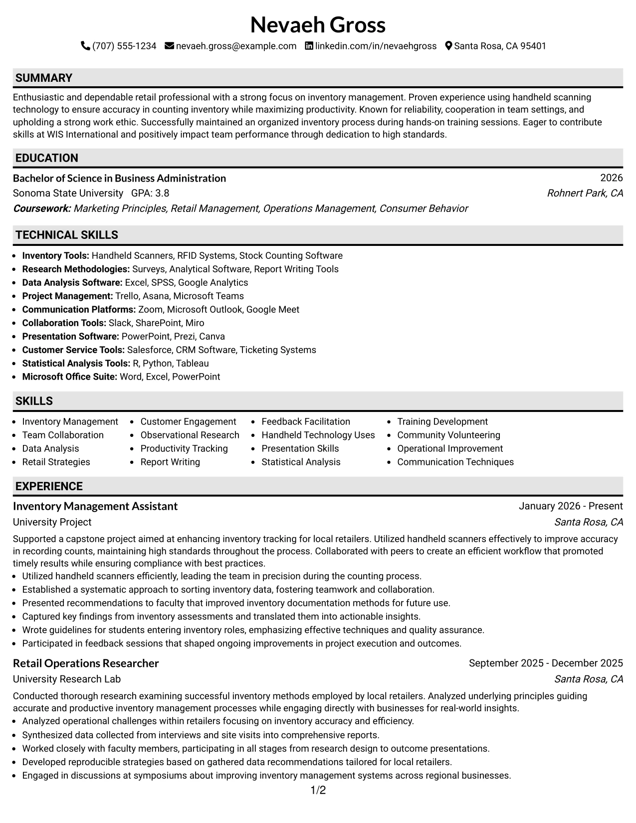 Resume Example Page 1