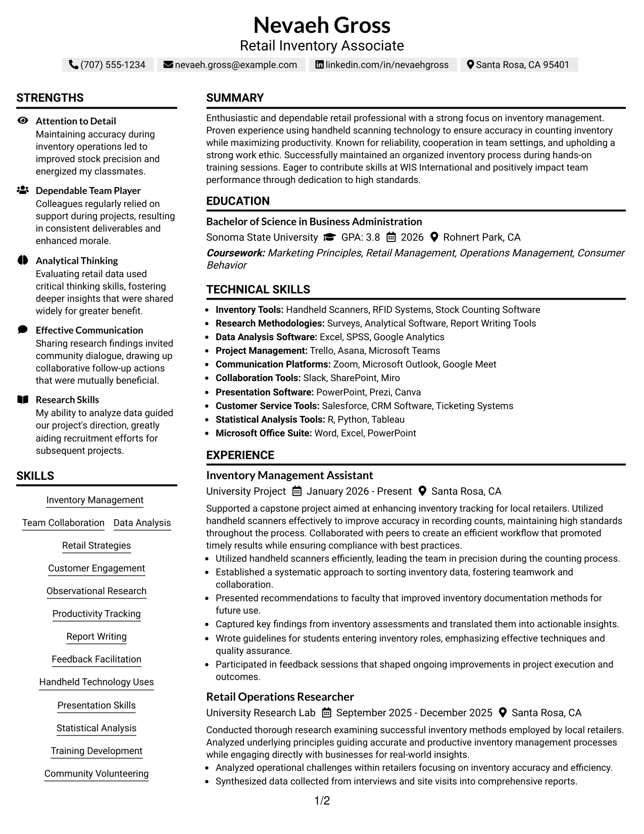 Resume Example Page 1