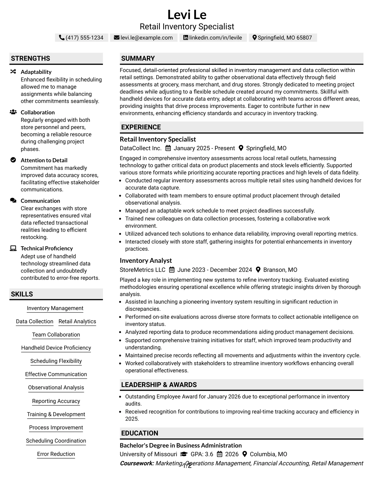 Resume Example Page 1