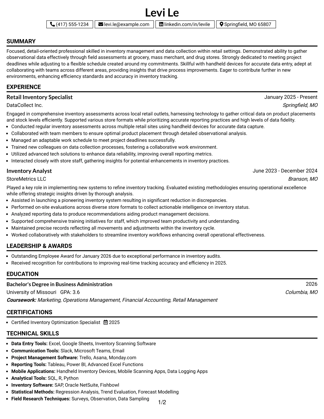 Resume Example Page 1