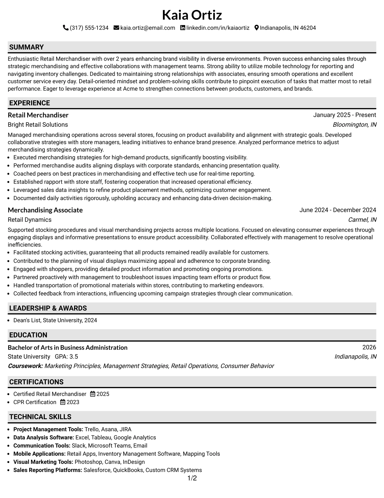 Resume Example Page 1