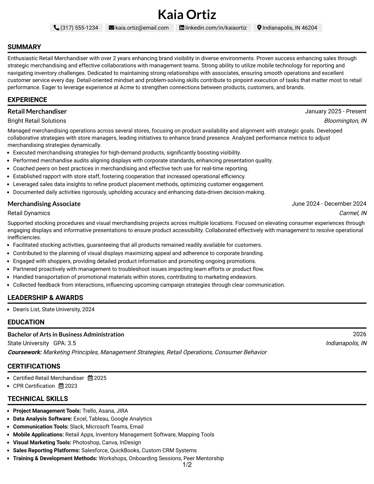 Resume Example Page 1