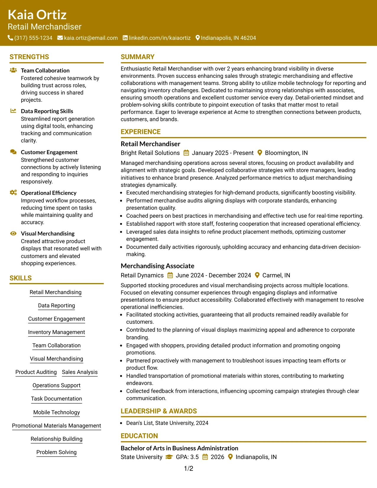 Resume Example Page 1