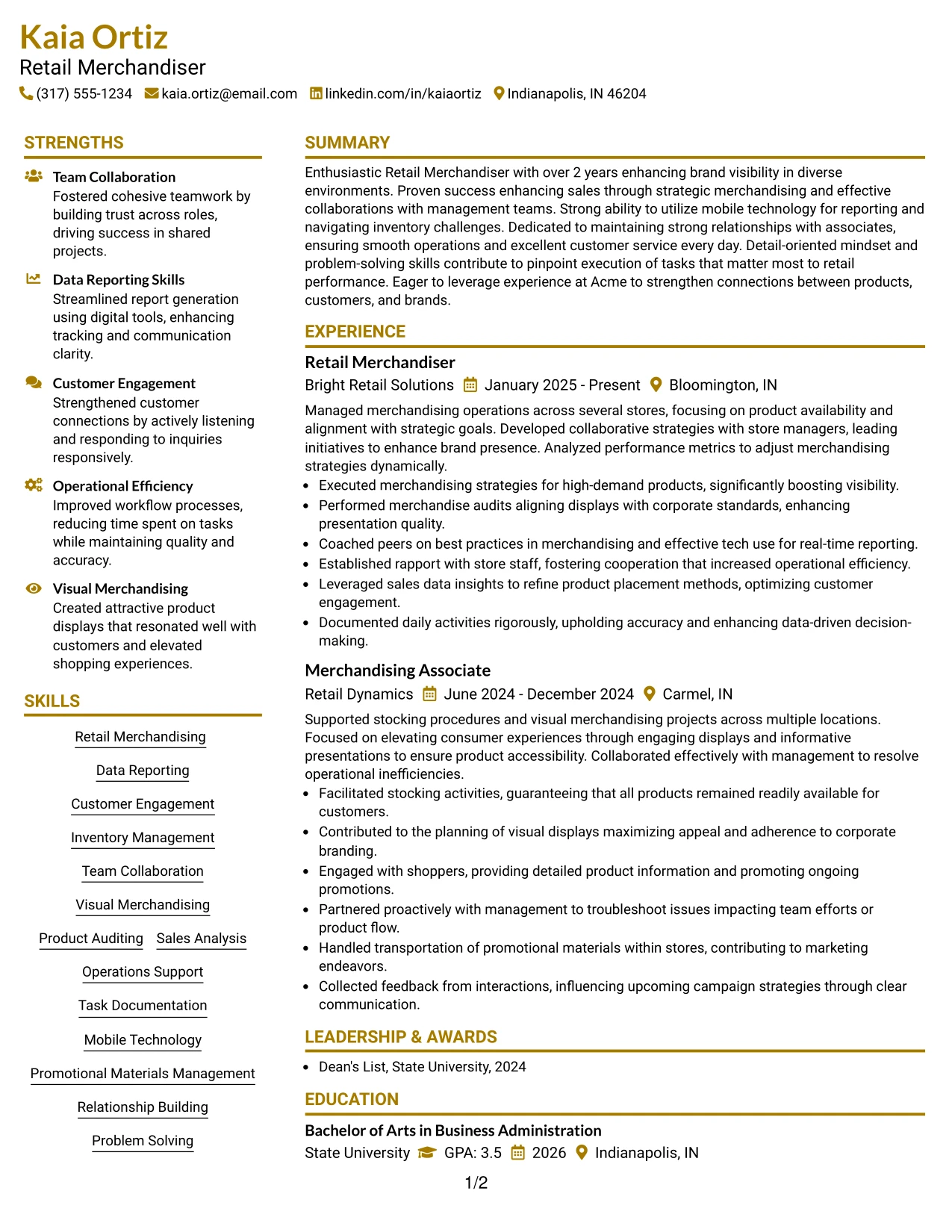 Resume Example Page 1