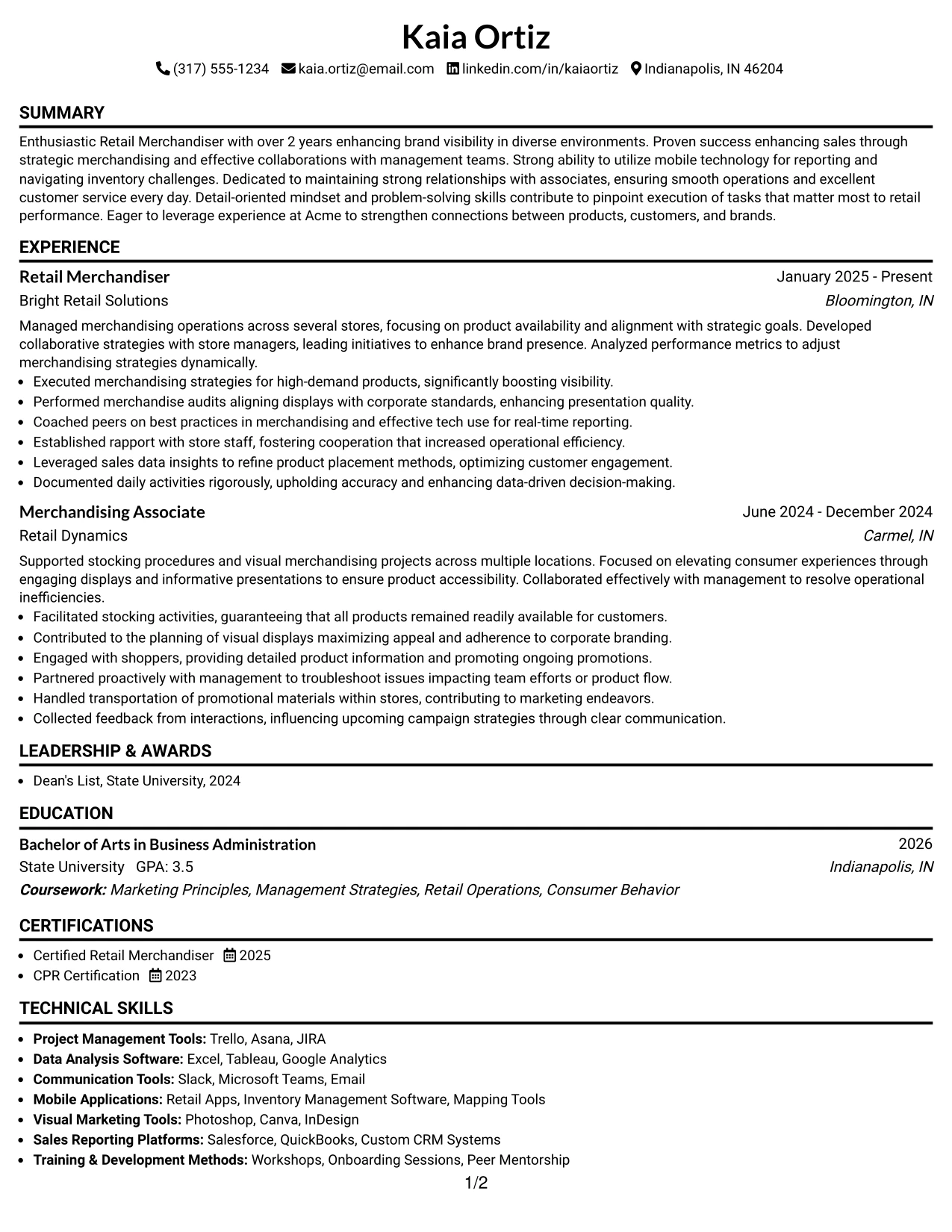 Resume Example Page 1