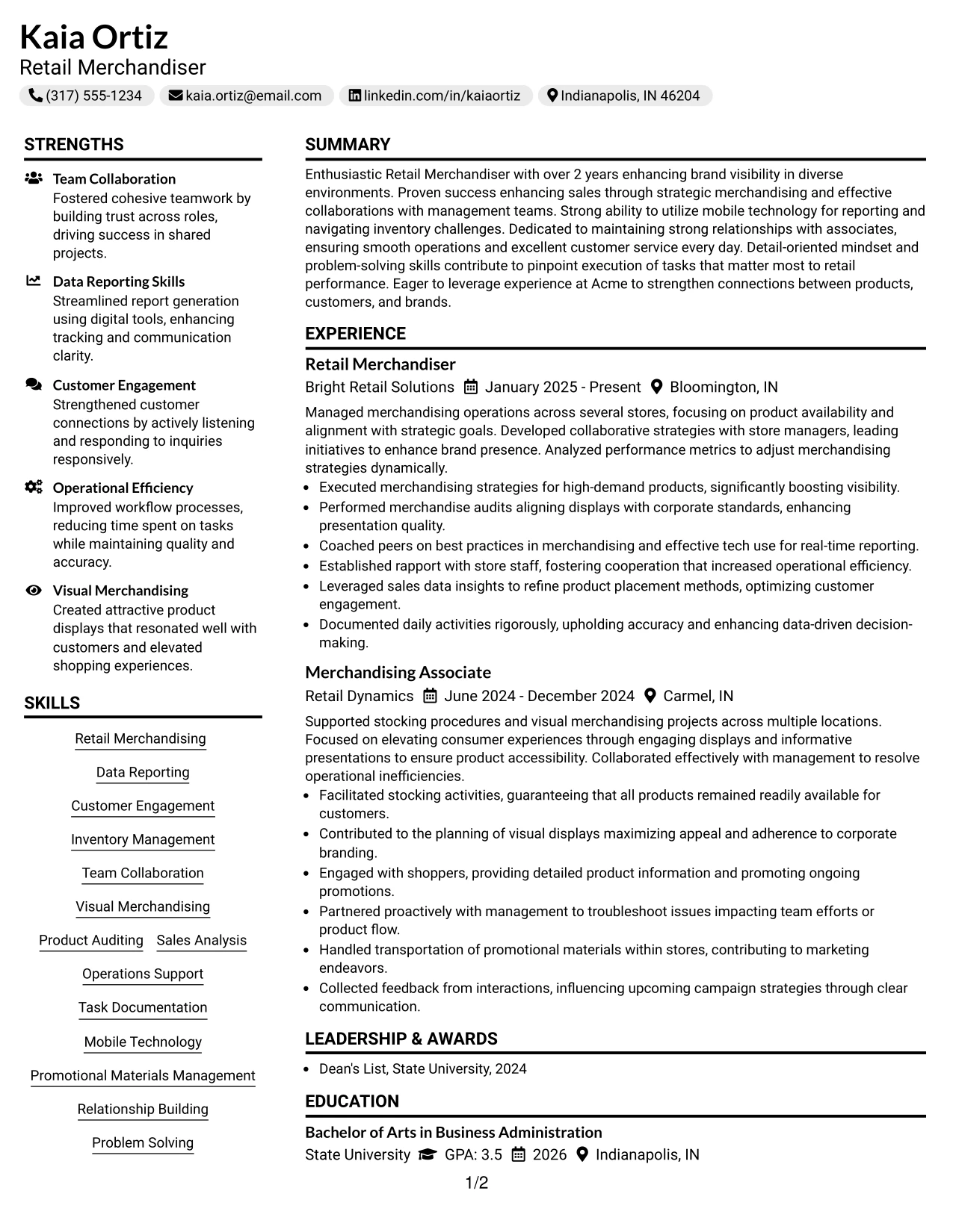 Resume Example Page 1