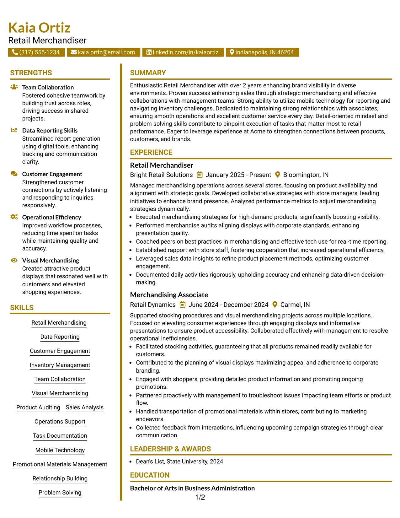 Resume Example Page 1