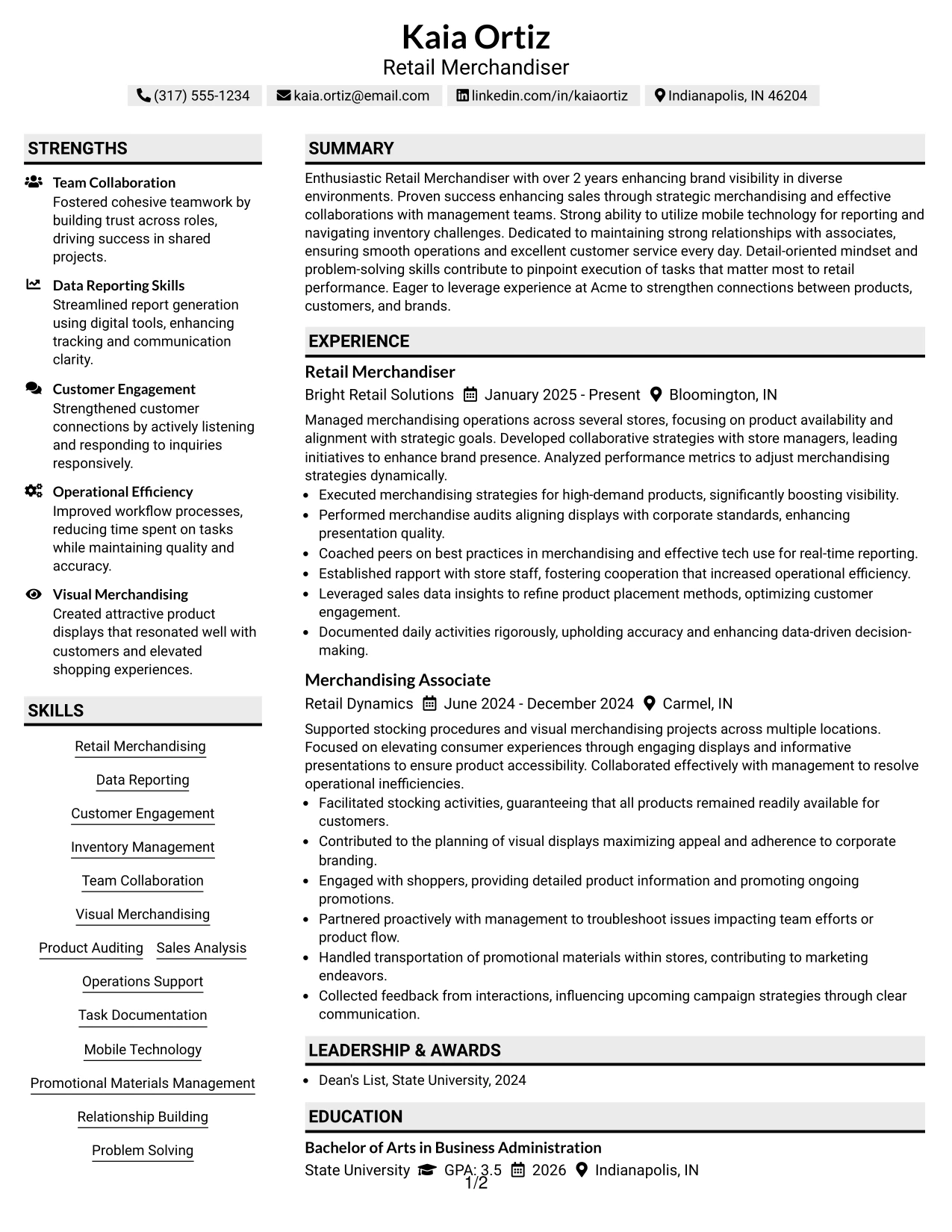 Resume Example Page 1