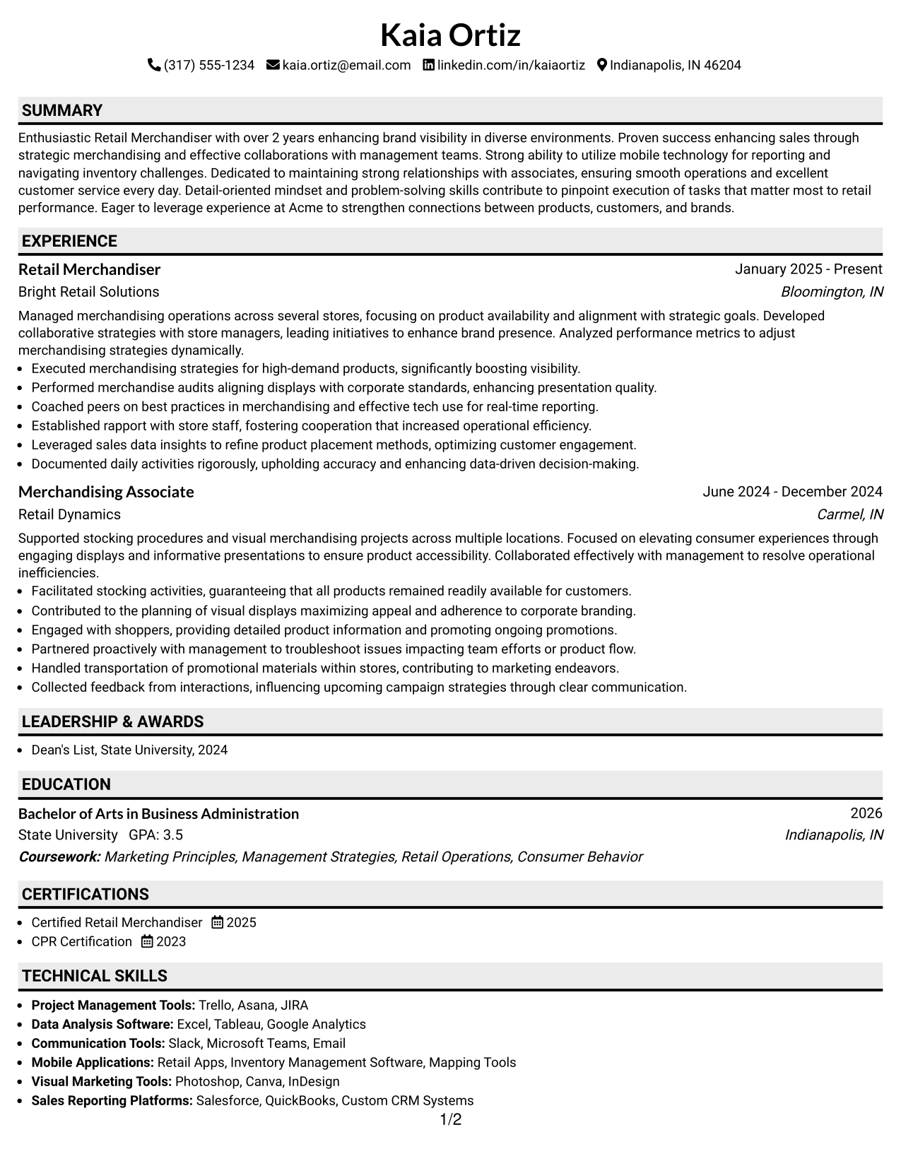 Resume Example Page 1