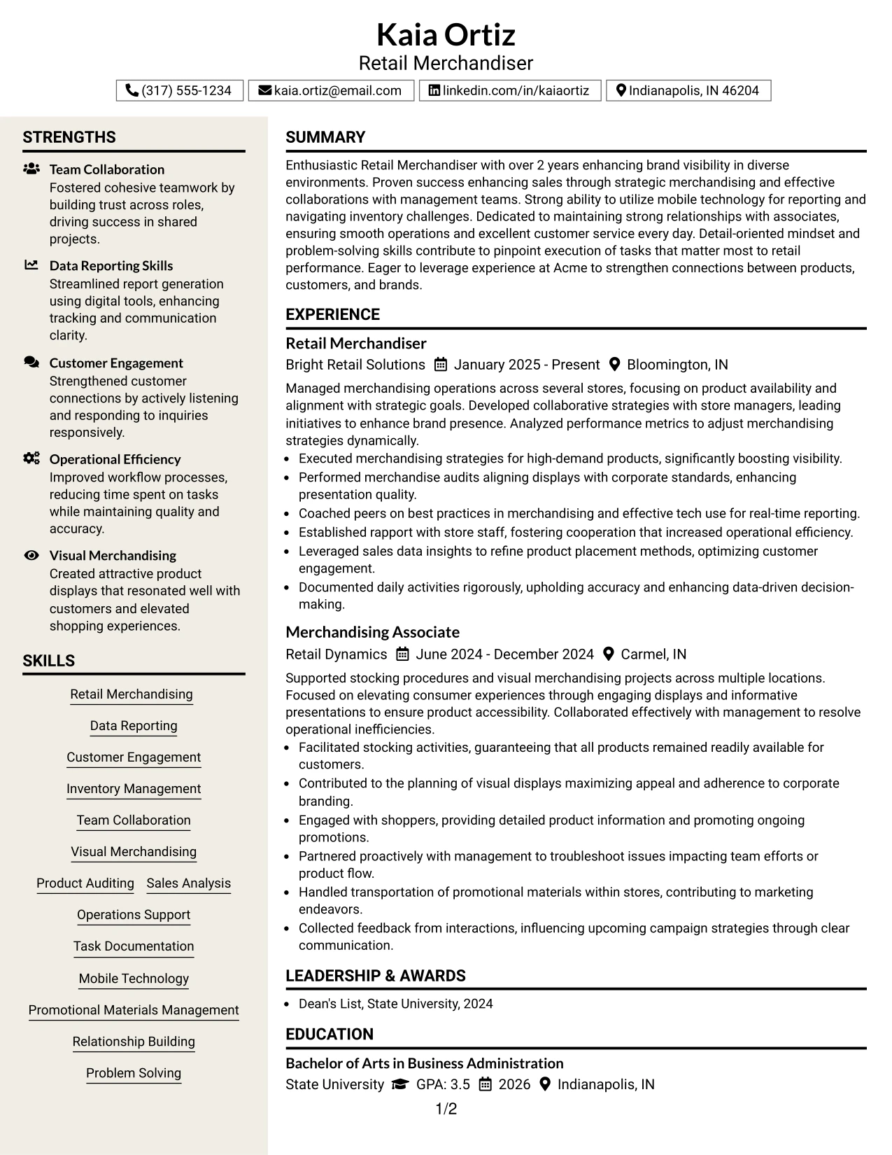 Resume Example Page 1