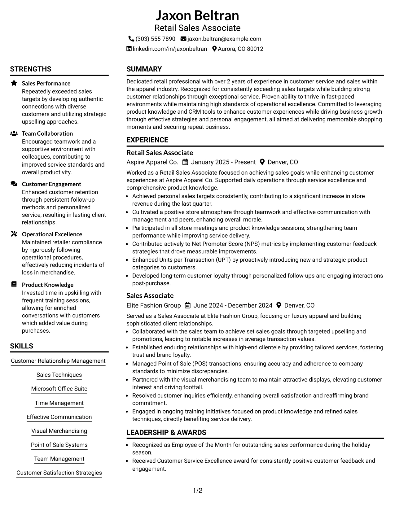 Resume Example Page 1