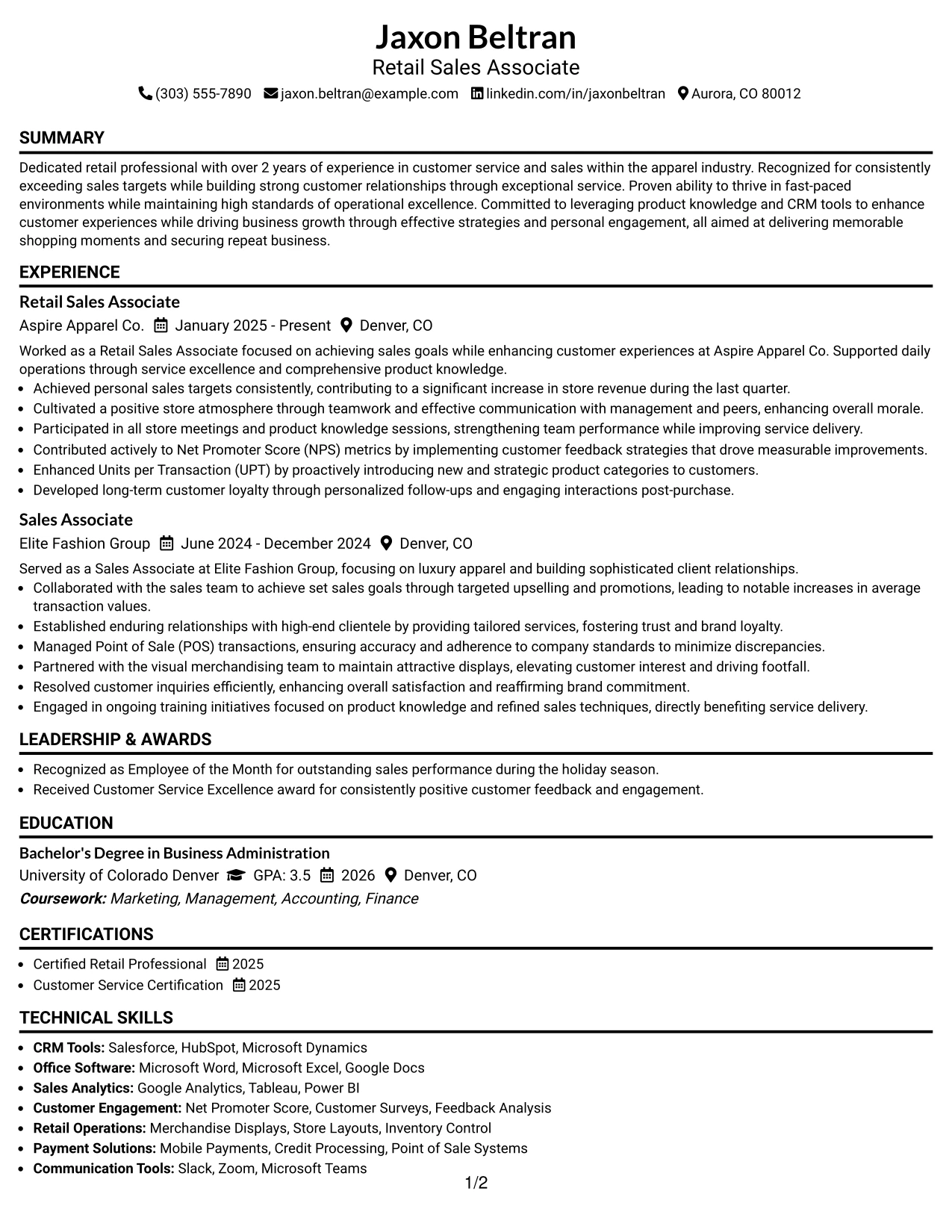 Resume Example Page 1