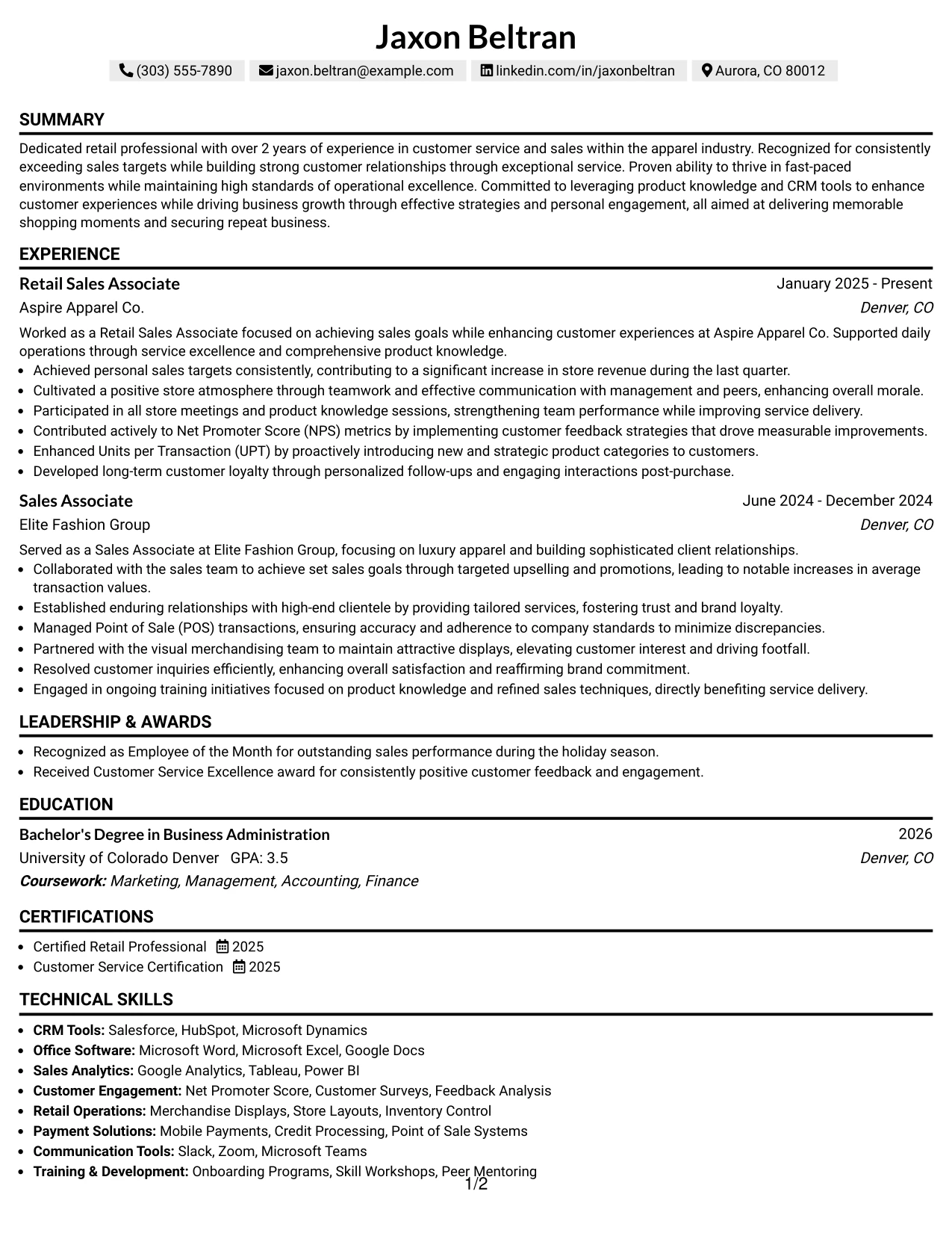 Resume Example Page 1