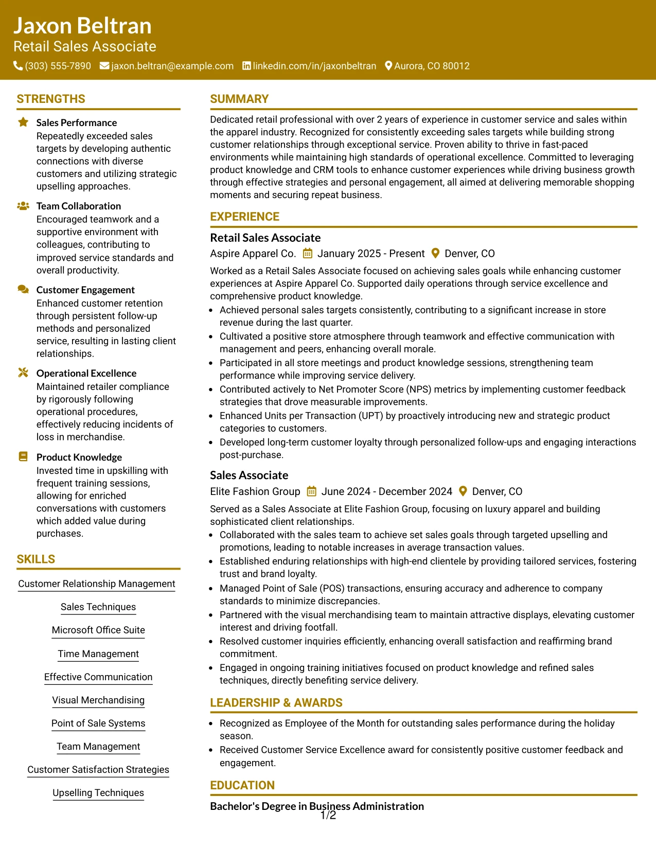 Resume Example Page 1