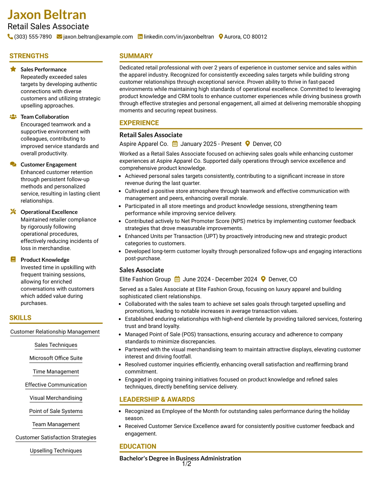 Resume Example Page 1