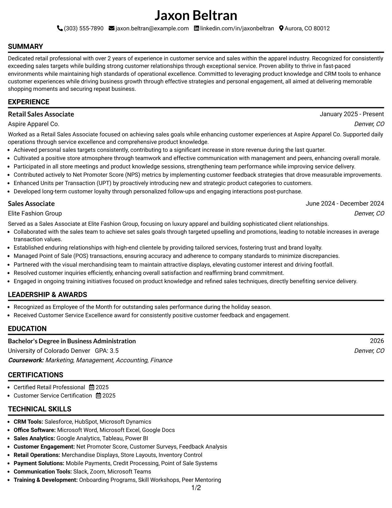 Resume Example Page 1