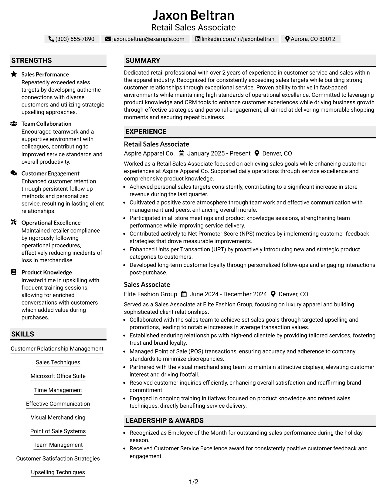 Resume Example Page 1
