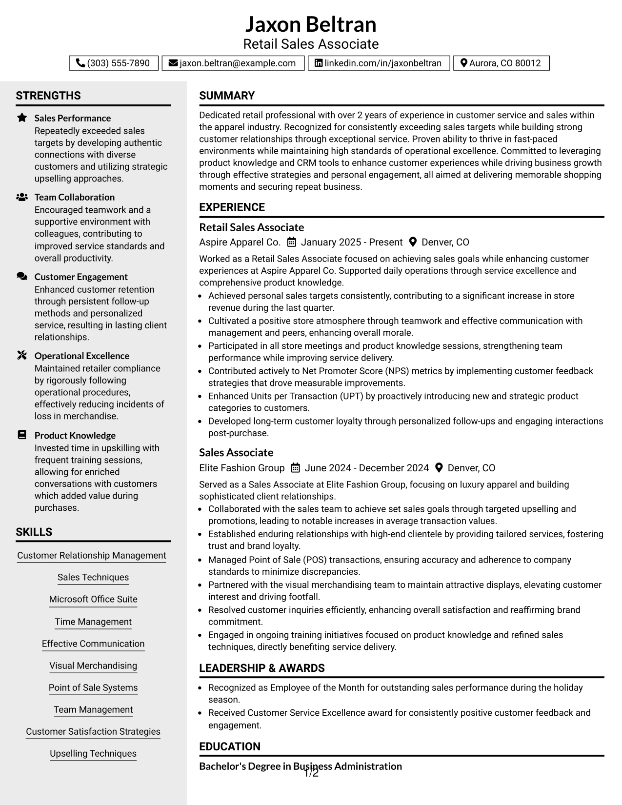 Resume Example Page 1