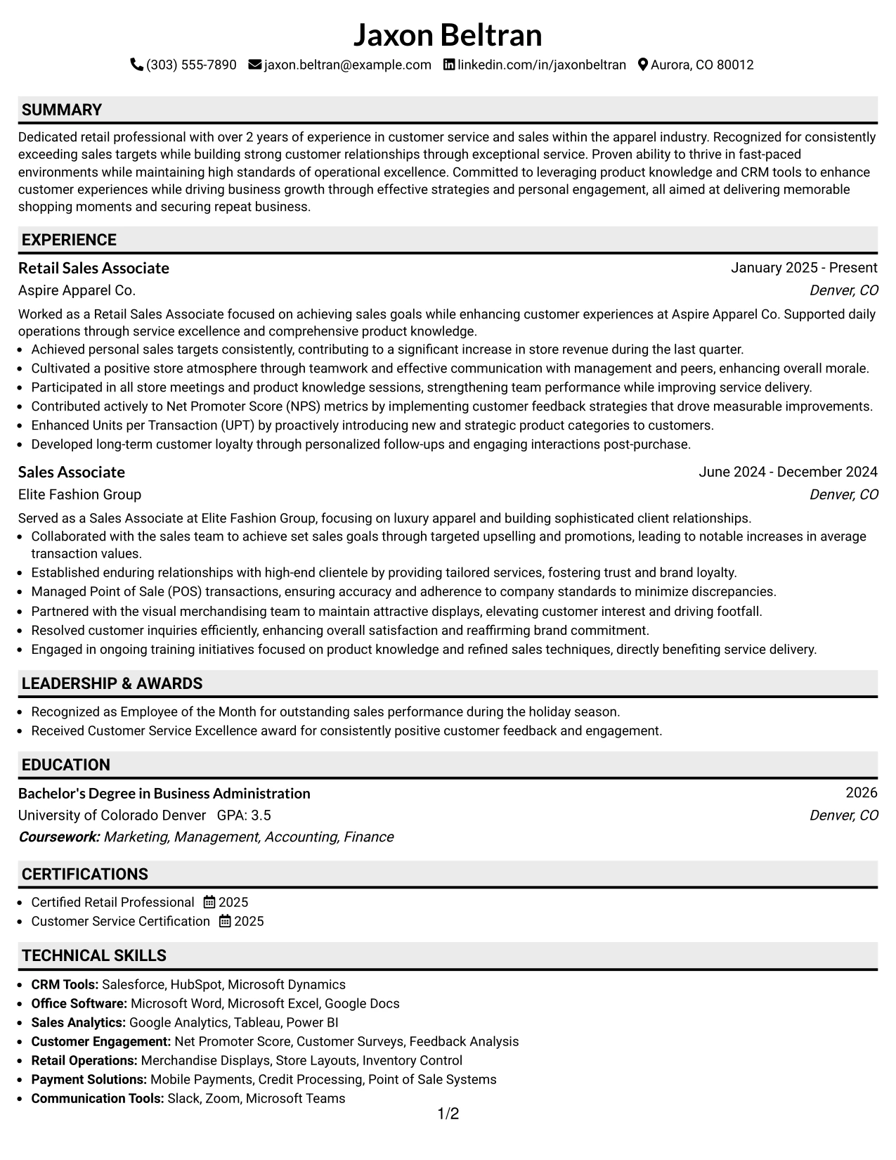 Resume Example Page 1
