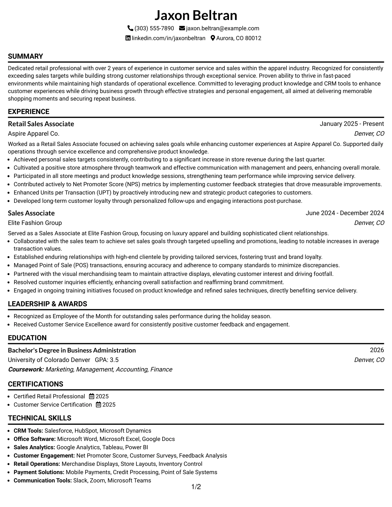 Resume Example Page 1