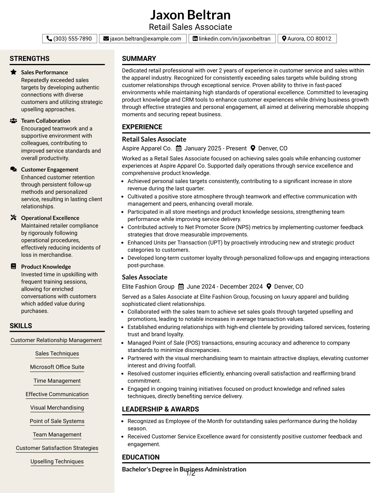 Resume Example Page 1