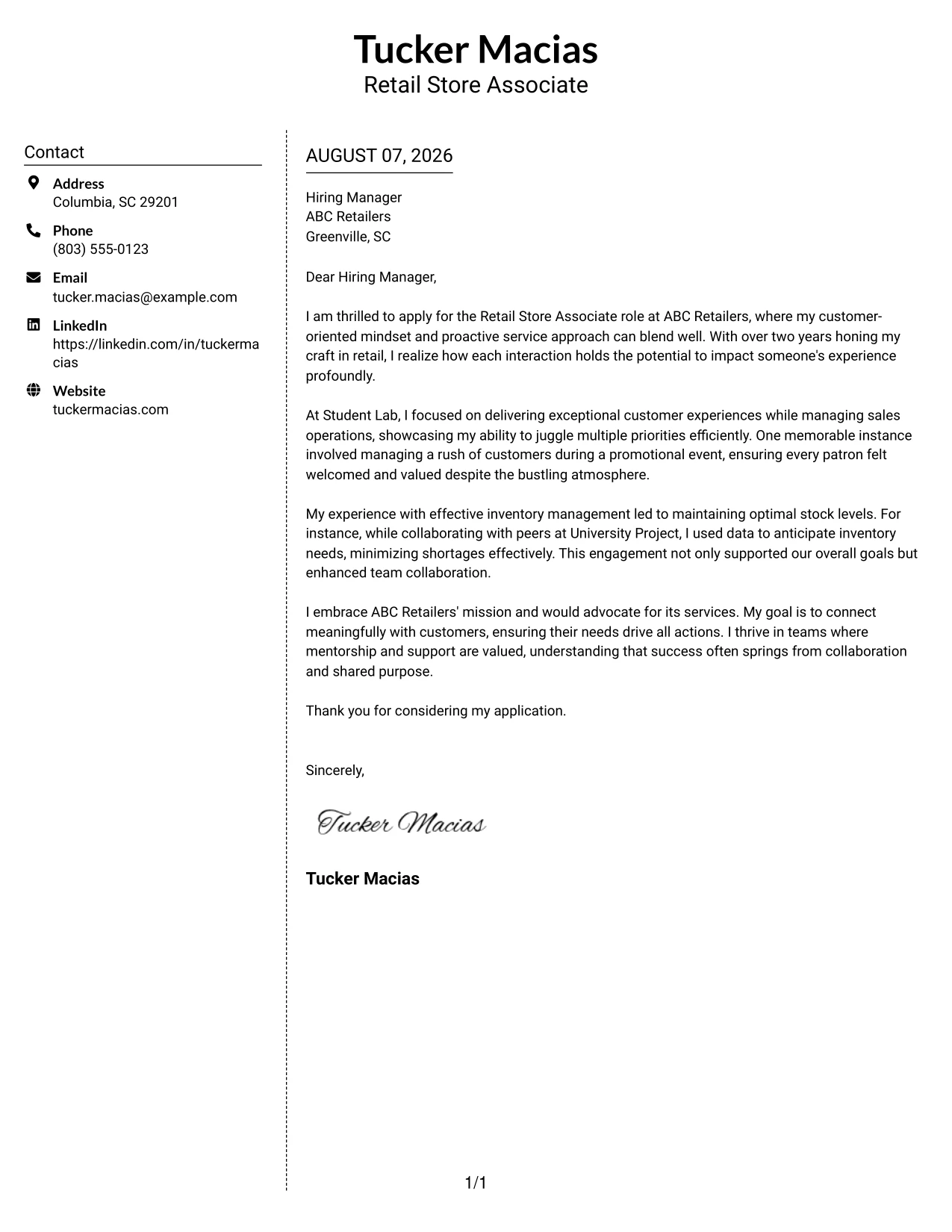 Resume Example Page 1