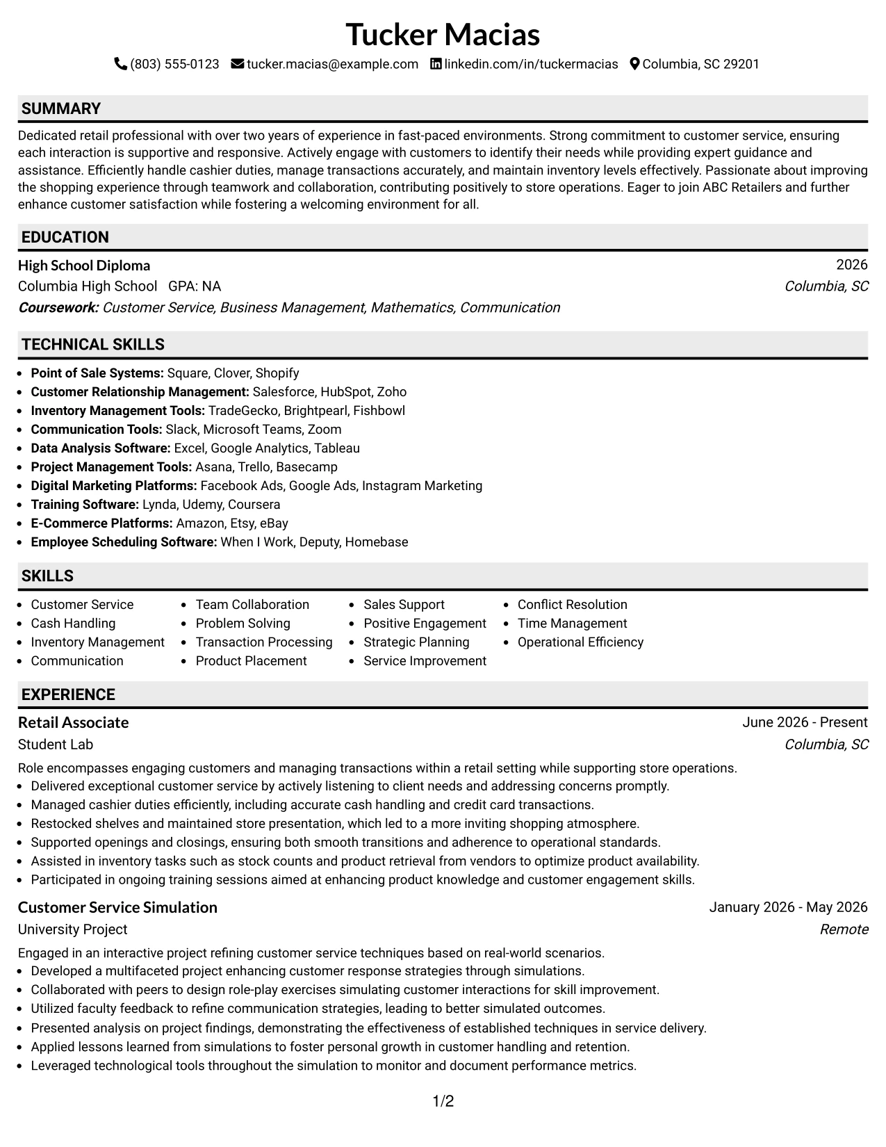 Resume Example Page 1