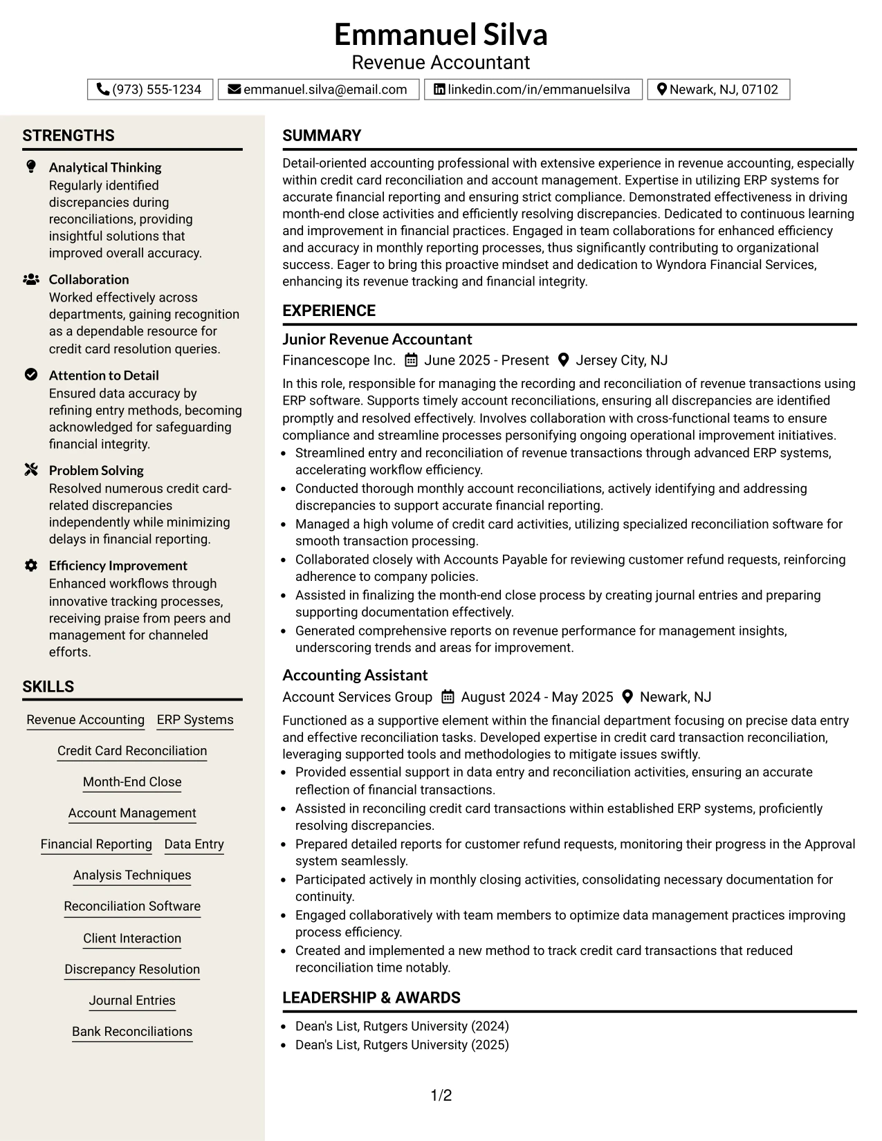 Resume Example Page 1