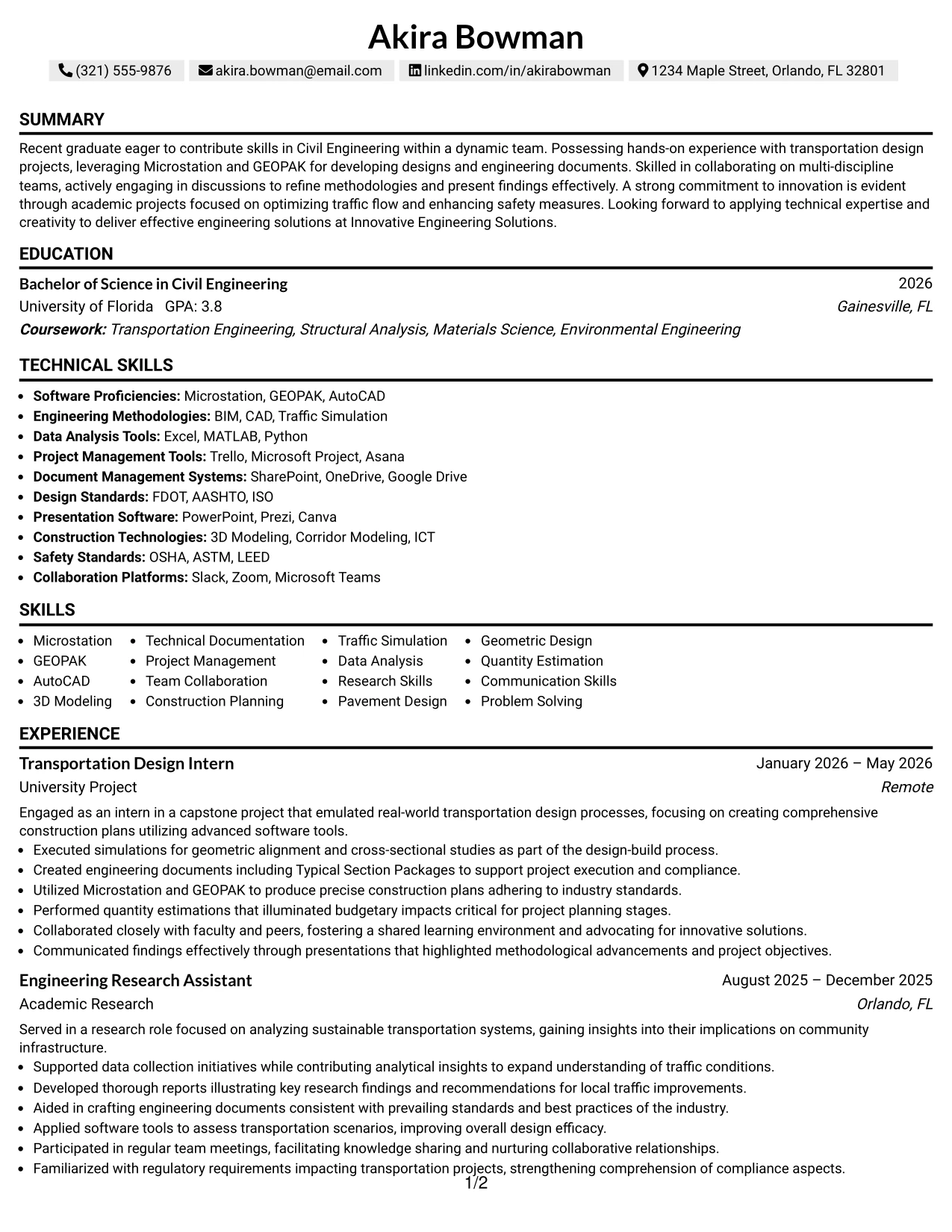 Resume Example Page 1