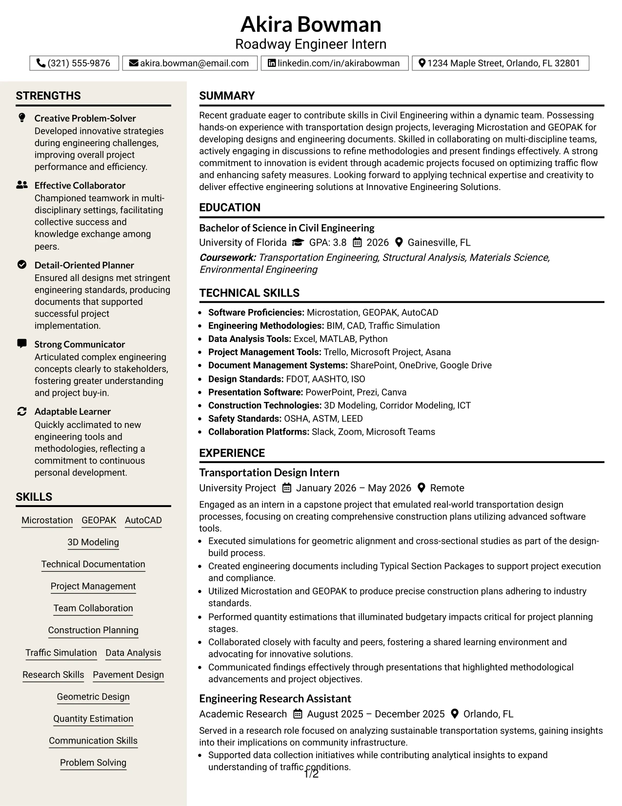 Resume Example Page 1