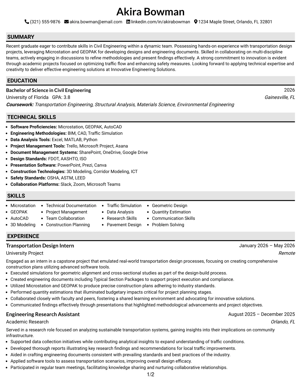 Resume Example Page 1
