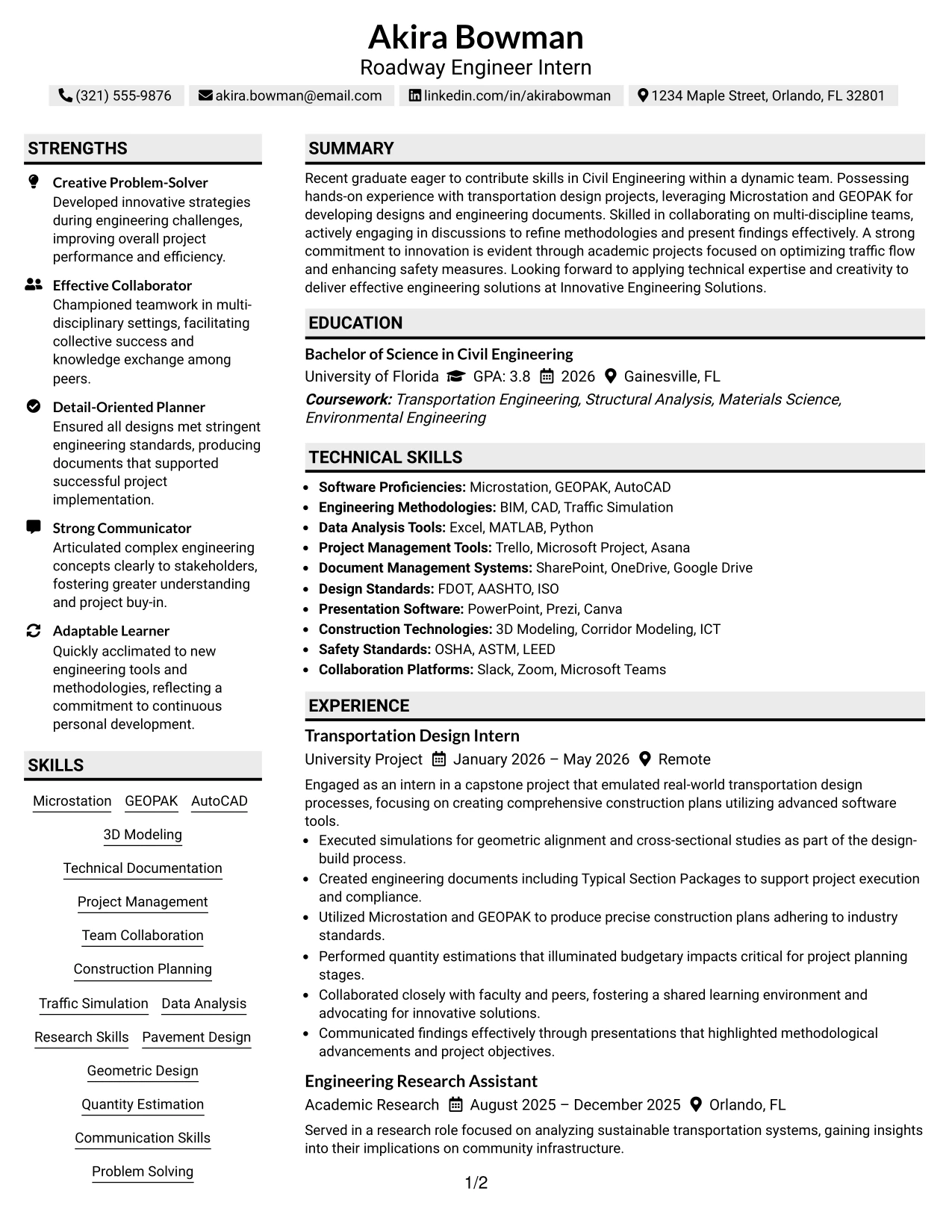 Resume Example Page 1