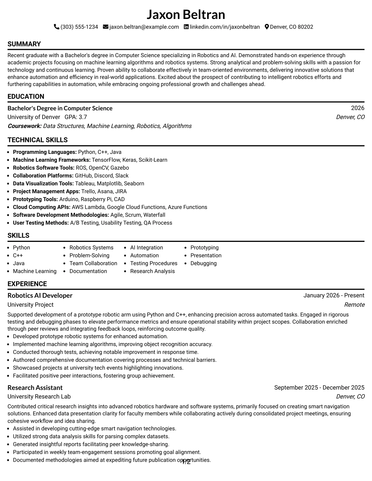 Resume Example Page 1