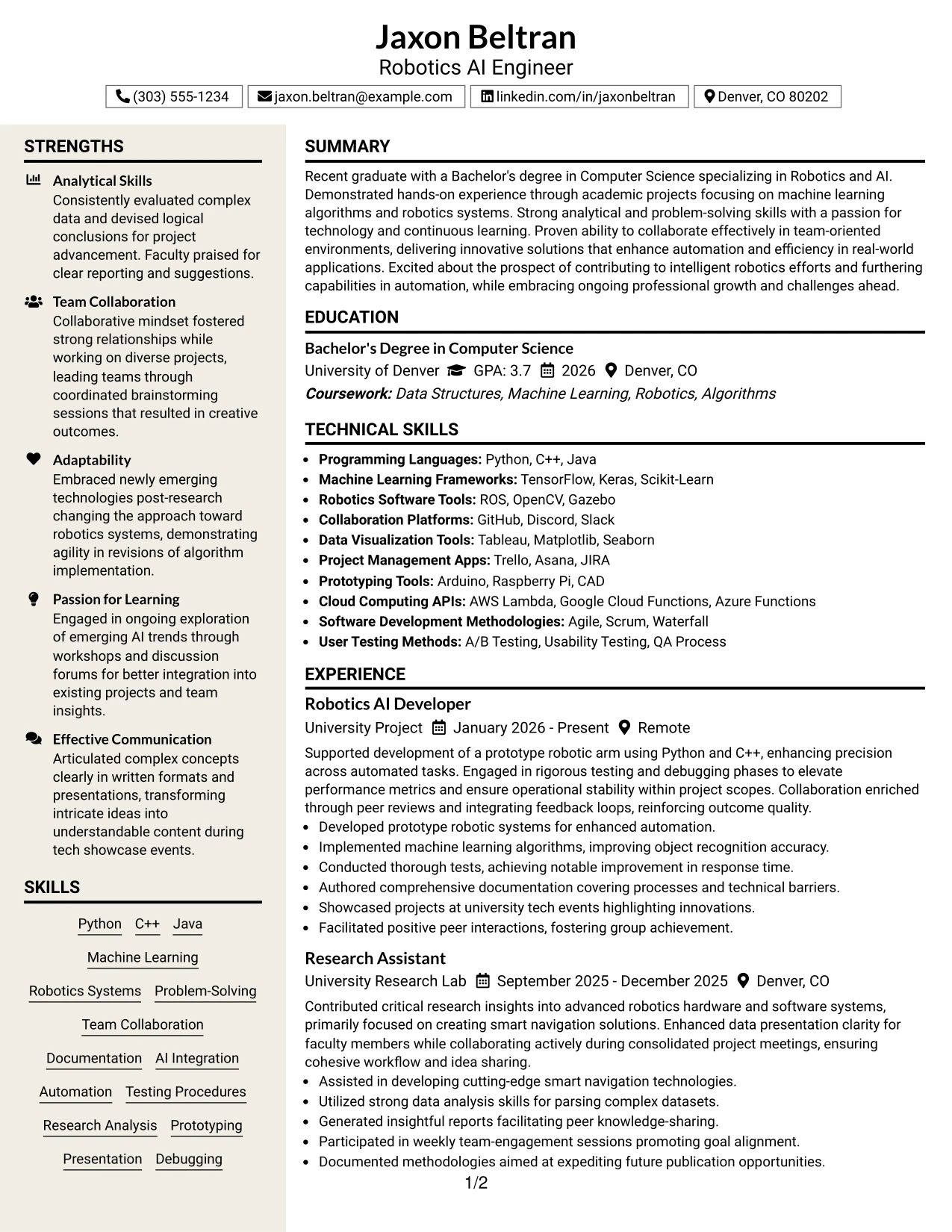 Resume Example Page 1