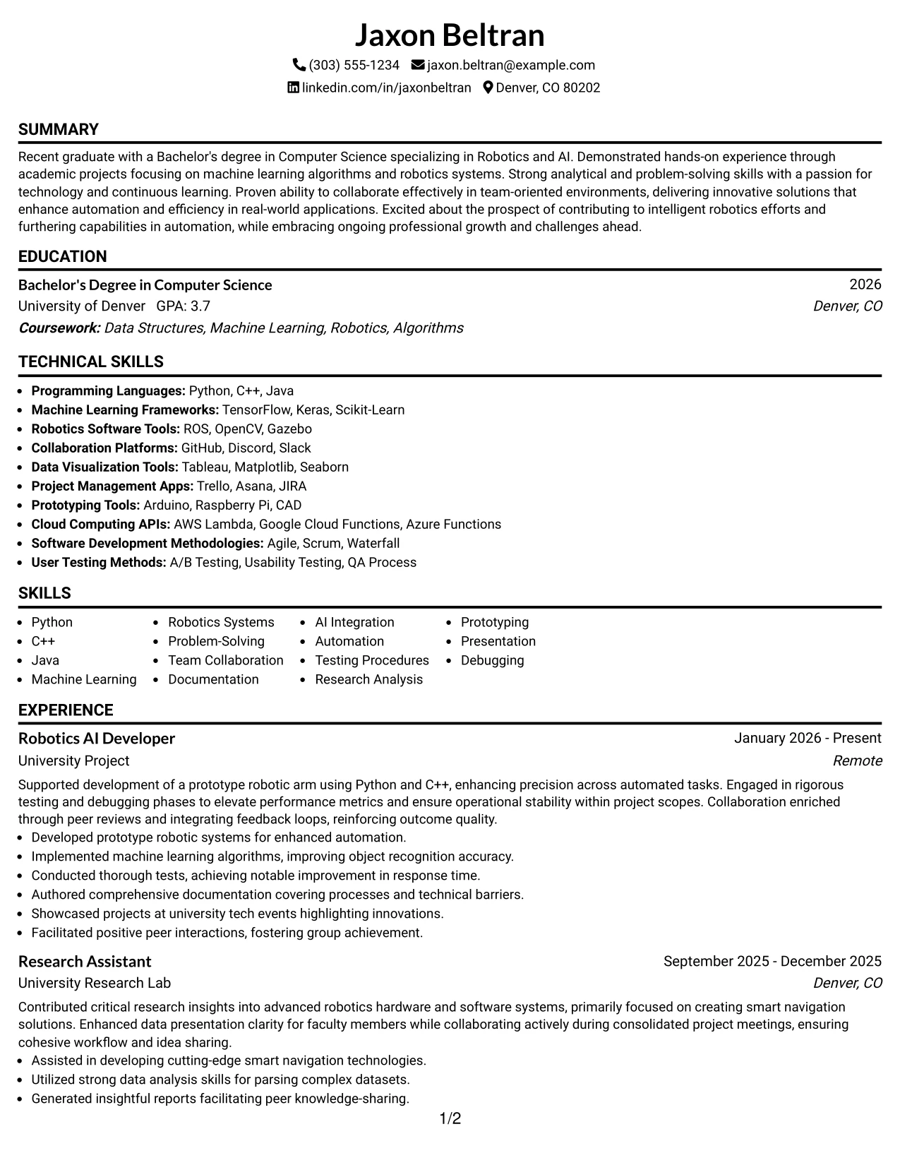 Resume Example Page 1
