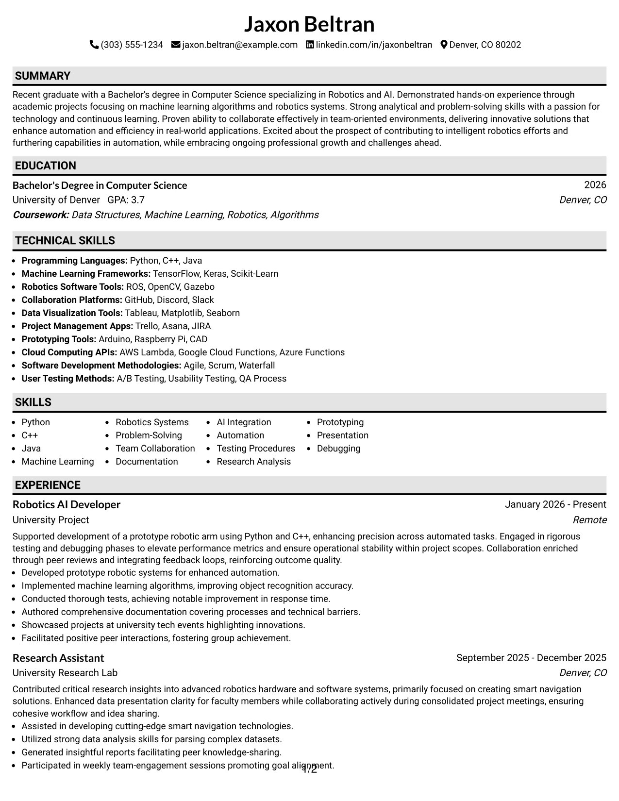 Resume Example Page 1